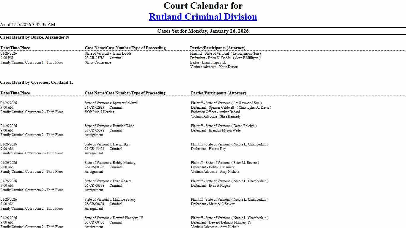 Rutland Criminal Division Calendar