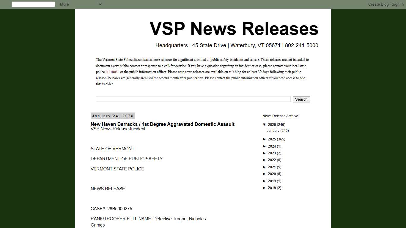 VSP News Releases: New Haven Barracks / 1st Degree Aggravated Domestic Assault